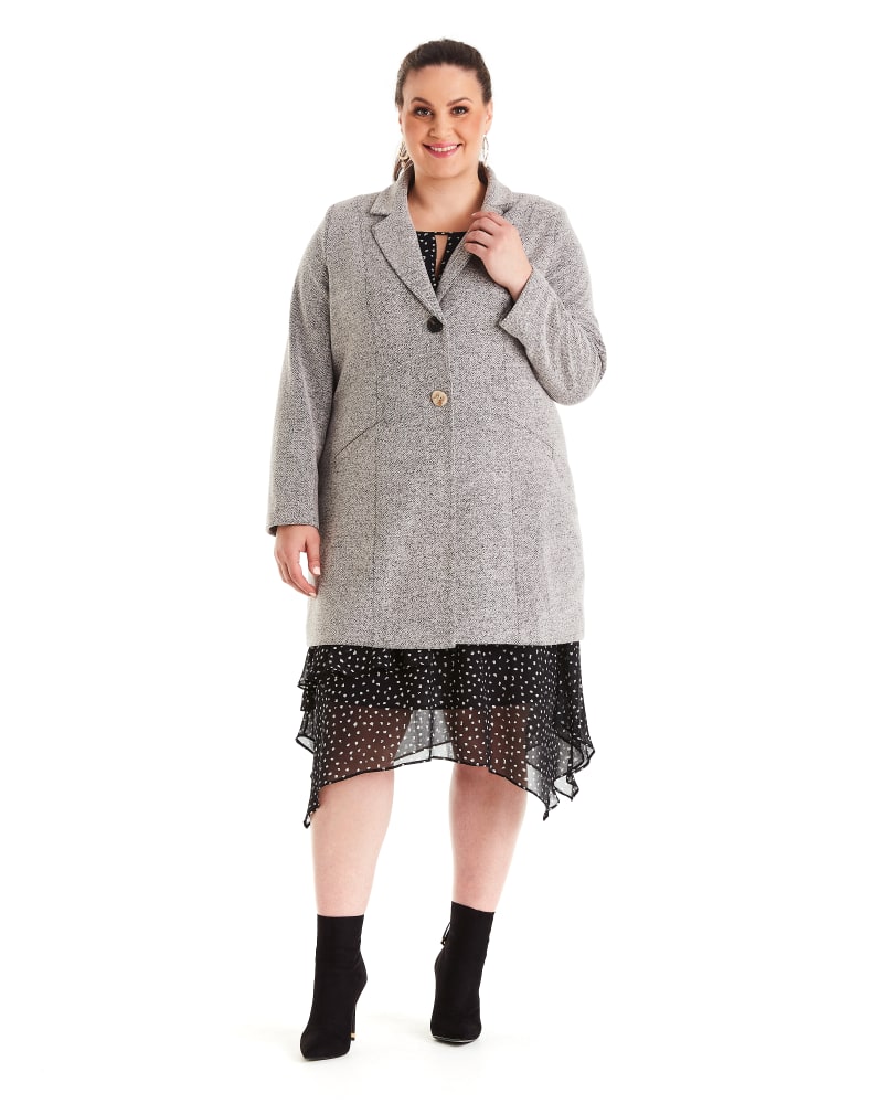 Front of a model wearing a size 1X Hibernate Coat in Beige by Estelle. | dia_product_style_image_id:234986